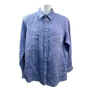 PUSSERS Linen Button-Up Shirt – Blue – Size M – Embroidered Collar & Logo
